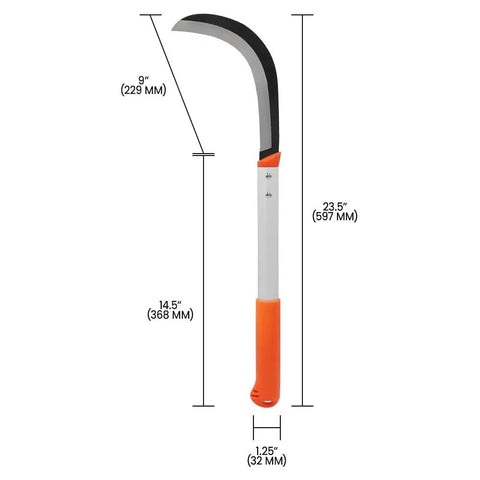 K315 3 Pack Brush Clearing Sickle Set With 9 Inch By 14.5 Inch Carbon Steel Blade And Aluminum Handle Rubber Grip shown with measurements
