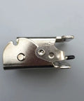 Close-up of a silver metal pivot hinge from the Four Pack Of No Wiggle Self Locking Folding Hinges For Coffee Tables And Chair Legs Lock Tight Pivot Design Sure Grip Heavy Duty Silver Metal Furniture Hardware Kit.