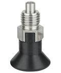 Beefed Up Stainless Steel Mini Indexing Plunger With Easy Turn Adjustment Knobs For Bullseye Accuracy Inside Tight Mechanical Jigs And Shop Workbenches MT635, close-up view.