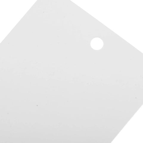 Close-up of white PVC blank hanging tag with punched hole, part of 100pcs waterproof shipping labels for home brewing DIY supplies.