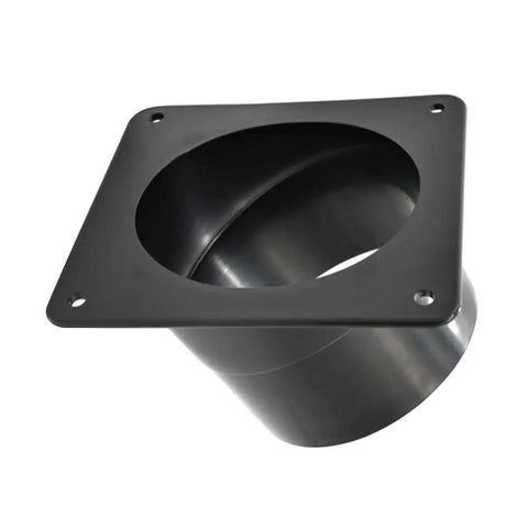 Heavy Duty 4 Inch Abs Dust Port Connector For Band Saw And Jointer With Four Pre Drilled Mounting Holes angled view showcasing the mounting bracket.