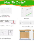 Installation guide for Concealed Bifold Barn Door Hardware Kit with Adjustable Soft Close Sliding System, showing step-by-step process.