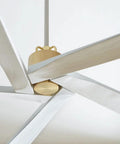 Dang Sure Solid Seventy Inch Five Blade Ceiling Fan With Silver Brushed Steel Finish showing blades and motor detail.