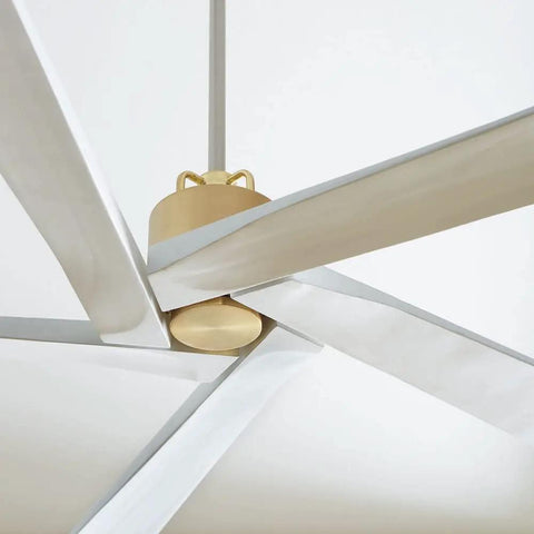 Dang Sure Solid Seventy Inch Five Blade Ceiling Fan With Silver Brushed Steel Finish showing blades and motor detail.