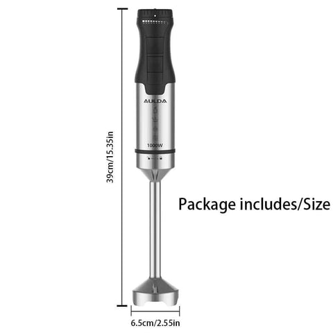 Heavy Duty 1000W Immersion Blender With 20 Speed Settings Ergonomic Grip Electric Hand Mixer showing dimensions 39cm height, 6.5cm width.
