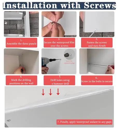 Installation steps for Heavy Duty Outdoor EV Charger Wall Mount Enclosure with screws and waterproof sealant guidance.