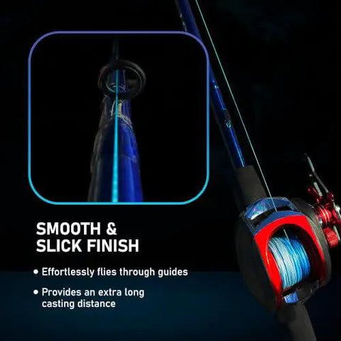 Beast Grade Braided Fishing Line Blue Camo 30 Pound Test 300 Yards Four Strand Rugged Knotless Grip on fishing reel.