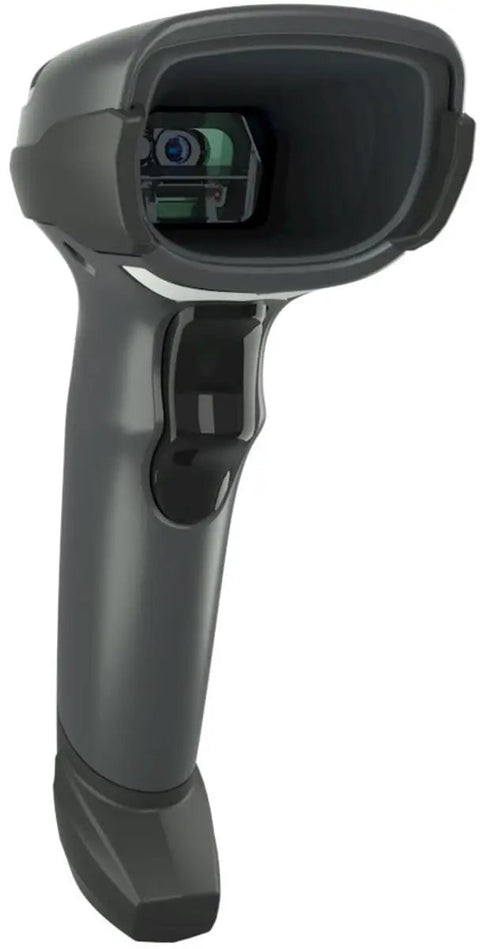 Close-up of renewed handheld barcode scanner corded with USB cable included high speed 1D 2D QR code reader for paper labels and mobile screens.