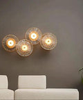 Slick Modern Led Wall Sconce Featuring Copper Details And Lotus Leaf Glass Shade Hardwired Indoor Lighting Fixtures For Living Room Bedroom Home Hallway Vibes with four circular lights.