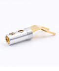 Premium Gold Plated Banana Plug And Screw Spade Fork Terminal Set For Speaker Wire Hookup, silver and gold solid copper connector detail.