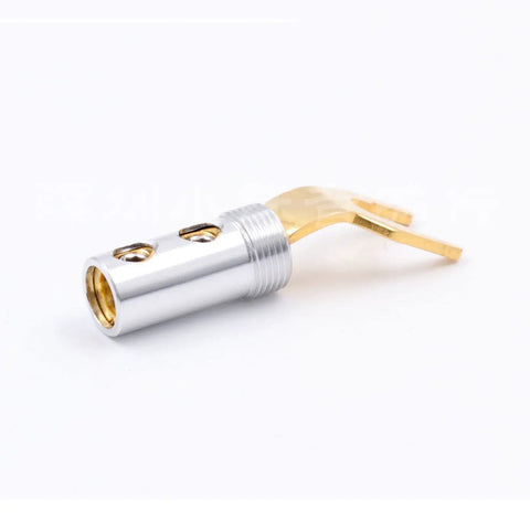 Premium Gold Plated Banana Plug And Screw Spade Fork Terminal Set For Speaker Wire Hookup, silver and gold solid copper connector detail.