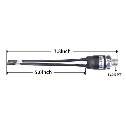 High Flow 120 To 150 PSI Air Pressure Switch For 12V And 24V Compressors One Quarter Inch NPT Auto On At 120 PSI And Off At 150 PSI Easy Install Tank Pressure Controller For Air Systems with dimensions shown