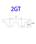 Technical diagram of 2GT profile for closed loop timing belt for quiet durable dope power drive lengths from 182 to 212 mm.
