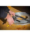 Crescent Wiss MetalMaster M3R snips, 9-3/4 in, close-up of cutting perforated metal strap with compound-action snips