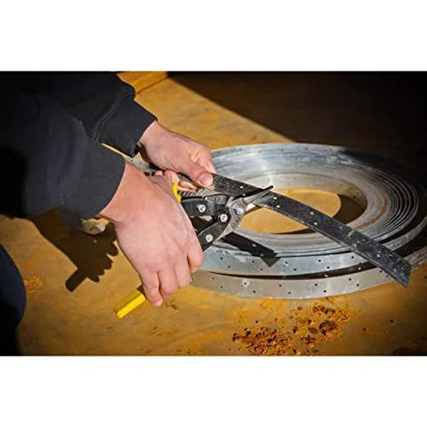 Crescent Wiss MetalMaster M3R snips, 9-3/4 in, close-up of cutting perforated metal strap with compound-action snips