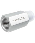 Pysrych 3/8 in NPT male x 3/8 in NPT female stainless steel check valve with white cap and flow arrow