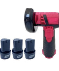 Compact Brushless Micro Angle Grinder Featuring Three Compatible 12 Volt Batteries Fits Standard M12 Style Systems portable design with batteries.