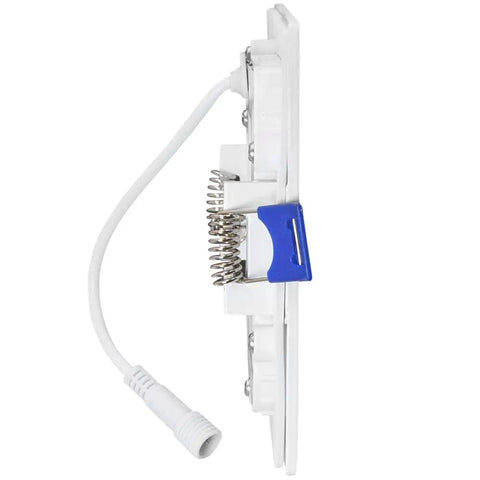 Side view of Square Ultra Thin Canless 4 Inch Recessed LED Downlight showing connection cable and spring clip, J Box Included.