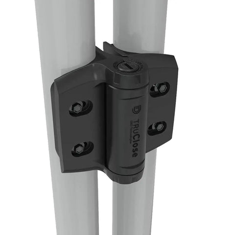 TruClose Built To Last Heavy Duty Round Gate Hinges For Fence Frames Self Closing With Alignment Legs And Round Adapters Fits Post 48mm to 51mm Or 73mm Diameter For Gates Up To 60kg 132lbs, black hinge on round posts