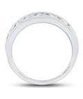 Mens 14K White Gold Wedding Band Ring Showcasing Round Brilliant Diamonds in A Sleek Channel Setting 1.50 CTW total weight, seen from side angle.