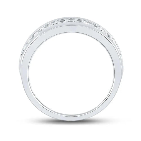 Mens 14K White Gold Wedding Band Ring Showcasing Round Brilliant Diamonds in A Sleek Channel Setting 1.50 CTW total weight, seen from side angle.