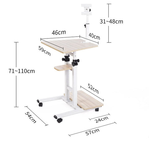 No Sweat Adjustable Standing Laptop Cart With Durable Wheels For Effortless Rolling Anywhere Ergonomic Sit Stand Computer Table For Chill Bedrooms Or Hustle Ready Home Offices Brown dimensions displayed on a height-adjustable desk.