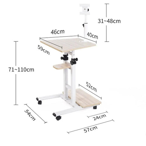 Height Adjustable Standing Laptop Desk With Smooth Rolling Wheels For An Ergonomic Sit Stand Workspace That Brings A Hella Fresh Vibe To Small Bedrooms And Cozy Home Office Setups with measurements displayed.