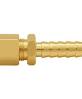 Brass fuel line adapter with hex nut, 3/8" compression to 3/8" hose barb for automotive transmission cooler lines.