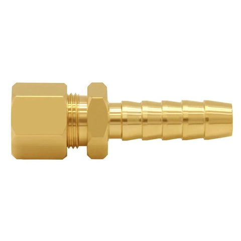 Brass fuel line adapter with hex nut, 3/8" compression to 3/8" hose barb for automotive transmission cooler lines.