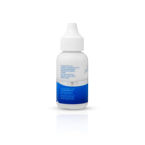 Back view of a 1.3oz bottle of Light Hold Hair Replacement Adhesive for Poly and Lace Wigs and Toupees, blue and white packaging