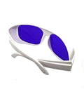 Heavy Duty Yellow Laser Safety Glasses Serving Straight Up Tough Eye Armor For 560 To 600nm Wavelengths With OD 6 Plus Coverage built solidly in white with blue lenses.