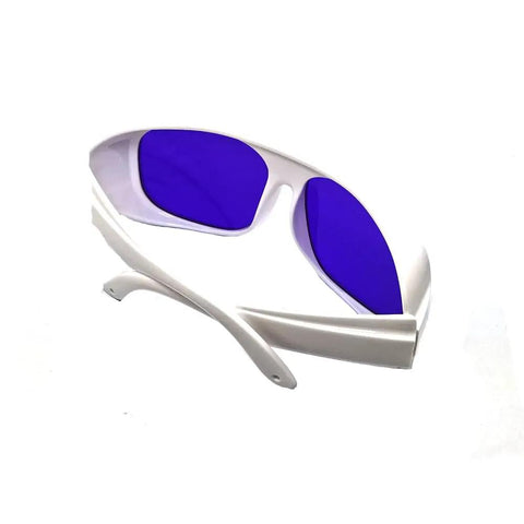 Heavy Duty Yellow Laser Safety Glasses Serving Straight Up Tough Eye Armor For 560 To 600nm Wavelengths With OD 6 Plus Coverage built solidly in white with blue lenses.