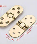 Brass flush mounted folding furniture hinge with self locking design for cabinets doors tables and closets, shown with measurements.