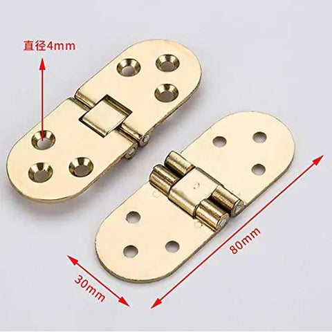 Brass flush mounted folding furniture hinge with self locking design for cabinets doors tables and closets, shown with measurements.