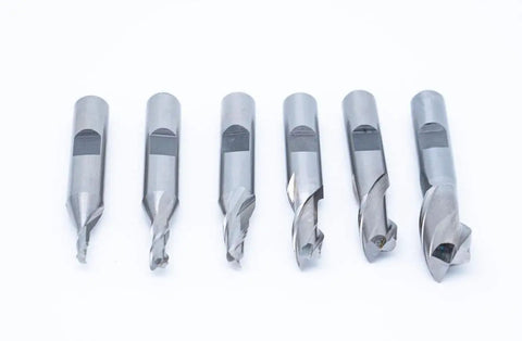 Beefy Single End 2 Flute End Mill Set, 6 Pieces, 3/8 Inch Shank, High Speed Steel on white background