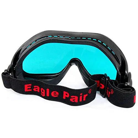 Heavy Duty Laser Safety Goggles Featuring Wide Spectrum Od4 Polycarbonate Lenses That Block Harmful Uv And Infrared Rays For Lab Tasks And Workshop Projects Providing Rock Solid Eye Protection With A Comfy Fit For Serious Shop Use No Cap, showing black frame and blue lenses with head strap.