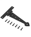 Heavy Duty Black Iron Arrow T Strap Hinge 6 Inch Long For Cabinet Doors And Gates with included screws, powder coated finish