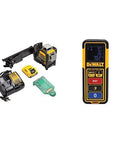12V Max Cordless 3X360 Green Beam Line Laser With Bluetooth And Built-In Distance Meter Tool Auto-Leveling Accuracy And Magnetic Bracket, showing battery, laser unit, and remote control.