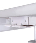 Side view of motorized instrument lift for optometry working table with height adjustment mechanism, built tough heavy duty construction.