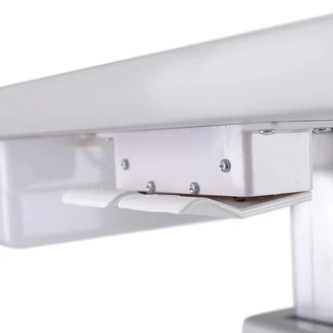 Side view of motorized instrument lift for optometry working table with height adjustment mechanism, built tough heavy duty construction.