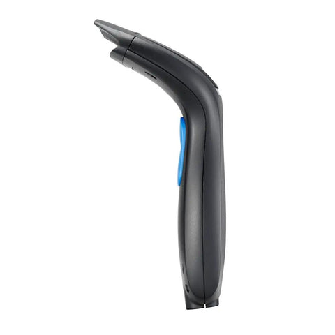 Side view of USB Barcode Scanner Linear Imager With LED Indicator For 1D Barcodes Aggressive Scan Speed Drop Resistant Up To 5 Feet Built Tough USB Plug And Play Slate Blue Black Finish.