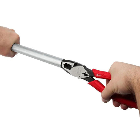Person using 9 Inch Leverage Lineman Pliers With Crimper And Pipe Reaming Head on a metal pipe