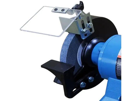 Eight Inch Industrial Bench Grinder 3600 Rpm 1 Horsepower Dual Voltage Shop Dog showing adjustable spark guard and grinding wheel.