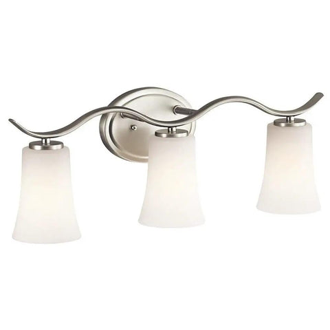 Armida 3 Light Vanity Light With LED Bulbs Satin Etched White Glass In Brushed Nickel for Bright Classic Bathroom Lighting