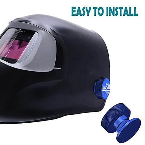 Close-up of welding helmet with Blue USA Flag Aluminum Pipeliner Fasteners For Welding Helmet Headgear Replacement 1 Pair EZ Swap
