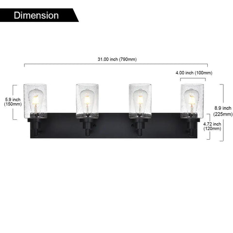 Dimensions of 4 Light Black Vanity Lights Over Mirror With Seeded Glass Shades Sleek Modern Wall Mount Bath Fixture