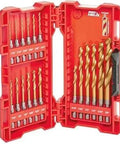 Milwaukee 18-piece Shockwave titanium drill bit set in red case, front view with anti-walking 135-degree tips