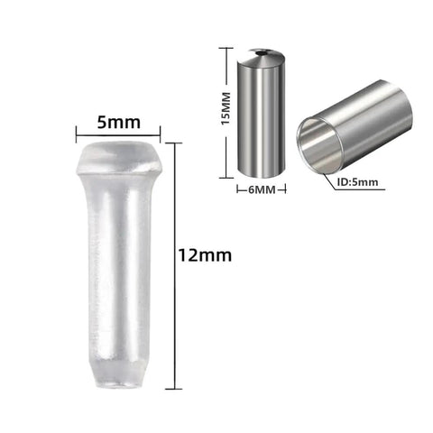 50 Pack Bike Cable End Caps And Brake Cable Ends Aluminum Alloy Crimps dimensions shown with sizes 12mm and detailed view.