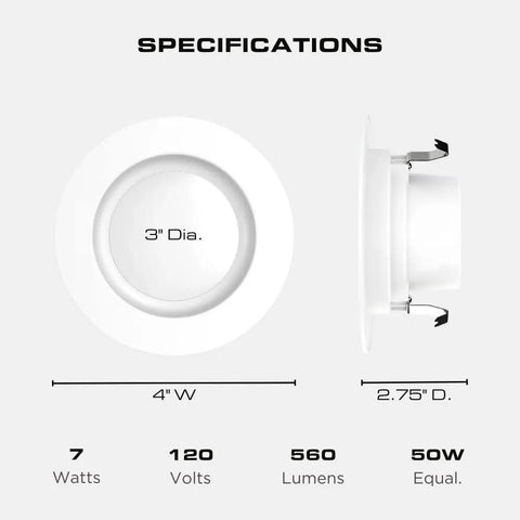 Specifications of 3-Inch LED Recessed Downlight Kit Plug And Play Dimmable And Energy Efficient 7W Equal 75W 560 Lumen E26 Base