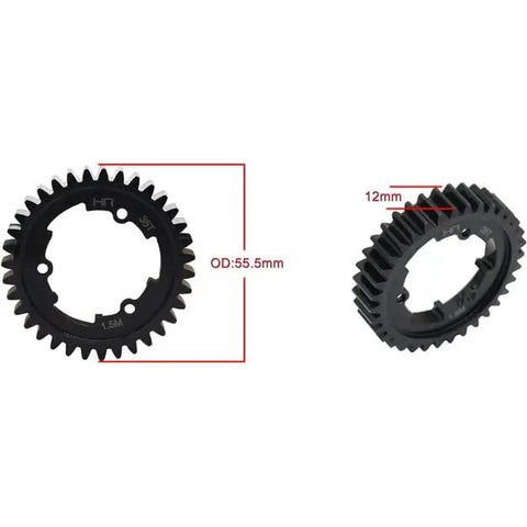 Beefy 35 Tooth Mod 1.5 Steel Spur Gear for Traxxas RC Cars, hardened steel construction, black oxide finish, 55.5mm diameter, 12mm width